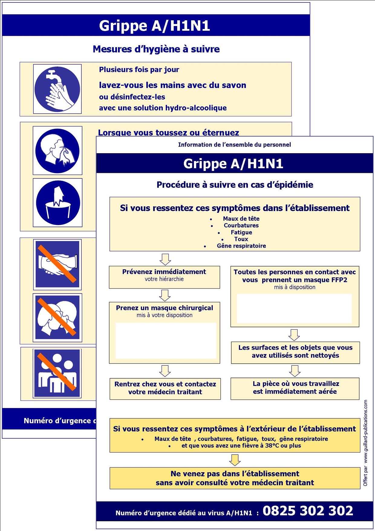 PANDEMIE - GRIPPE VIRUS A/H1N1 - Affiches PROCEDURE et MESURES D'HYGIENE A SUIVR