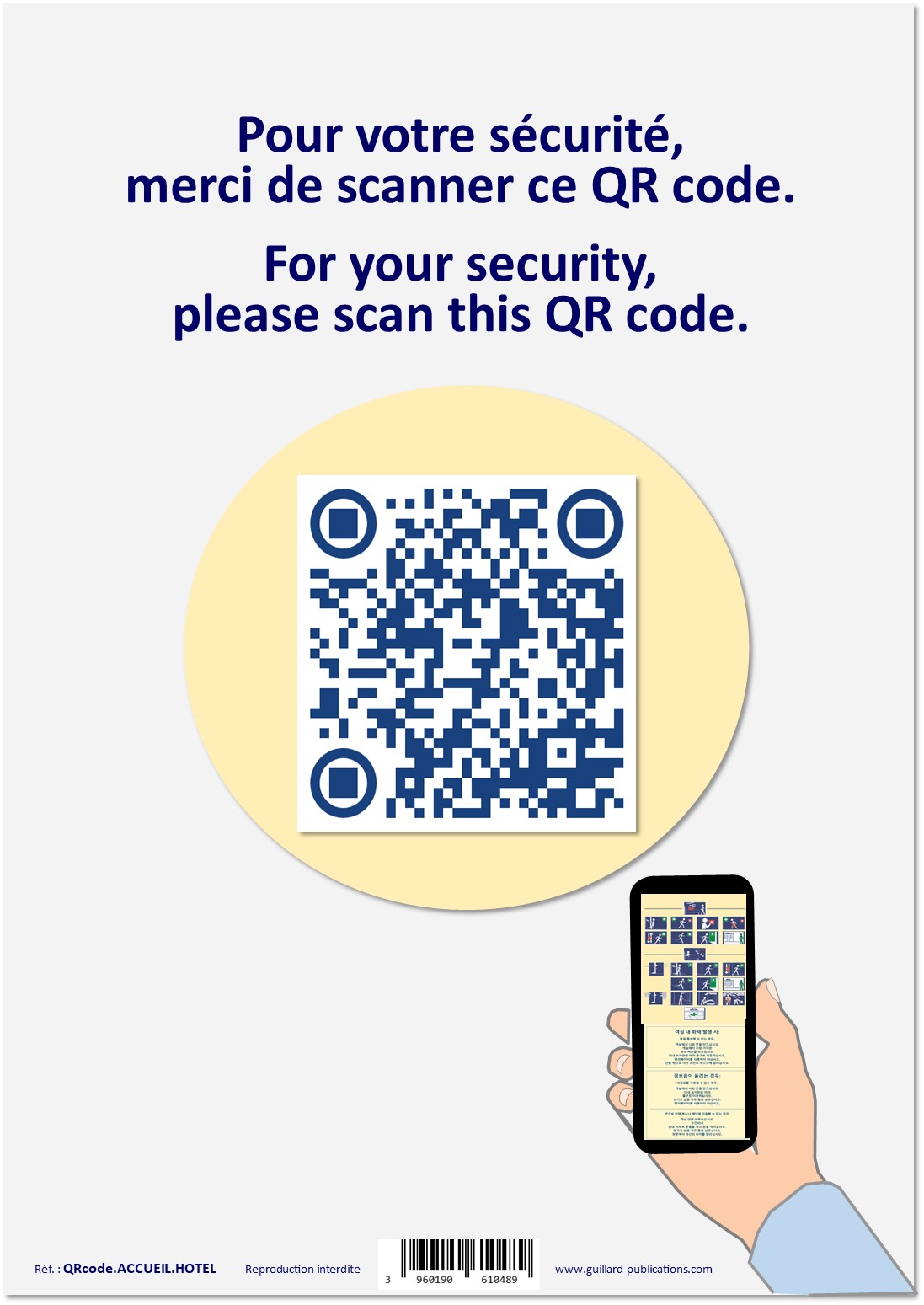 	..... HOTEL - CHAMBRE - Panneau  ACCUEIL SECURITE  HOTEL avec QRcode  Traductions Consignes en 35 langues 