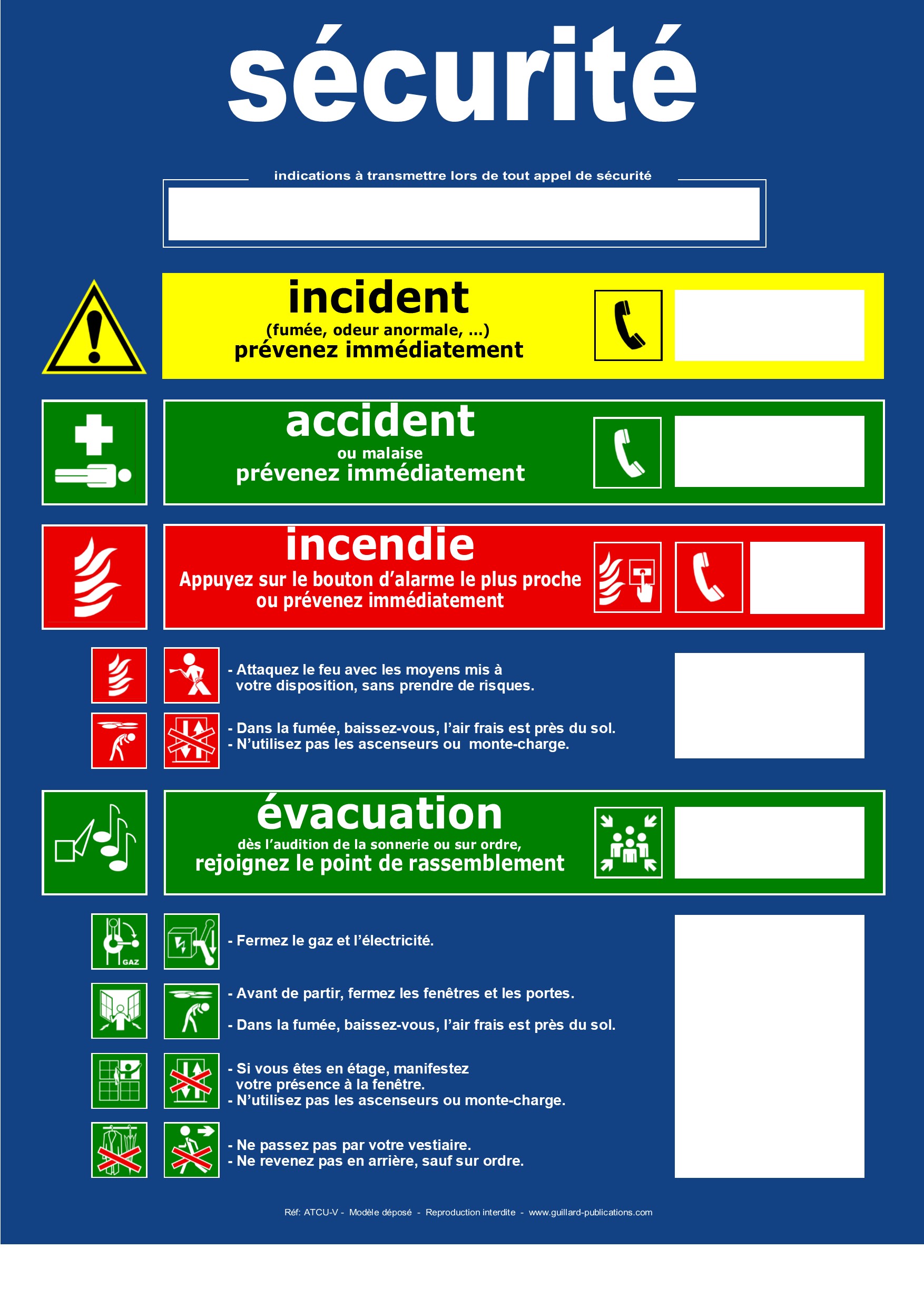 LYCEES ET COLLEGES - Panneau de consignes securite incendie accident evacuation pour ATELIERS, CUISINES - ATCU.V