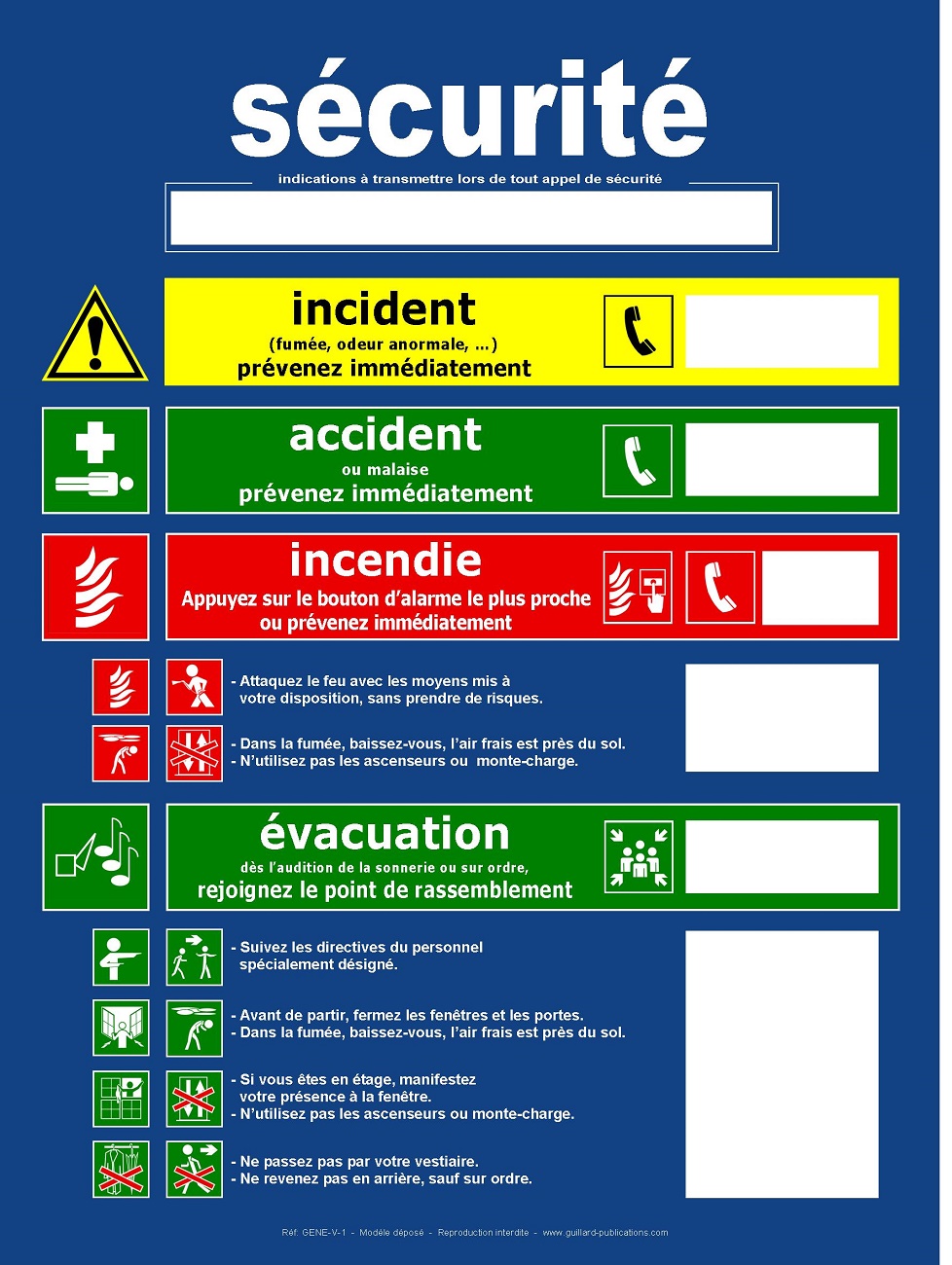 ERP et ERT - Panneau de consignes Incendie Evacuation Accident Incident , presentation verticale - GENE.V1