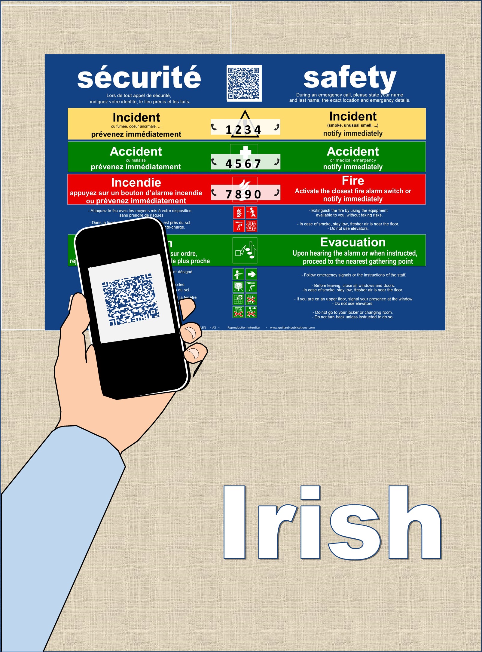 ... SECURITE - SAFETY . QR code + IA + IRLANDAIS traduction