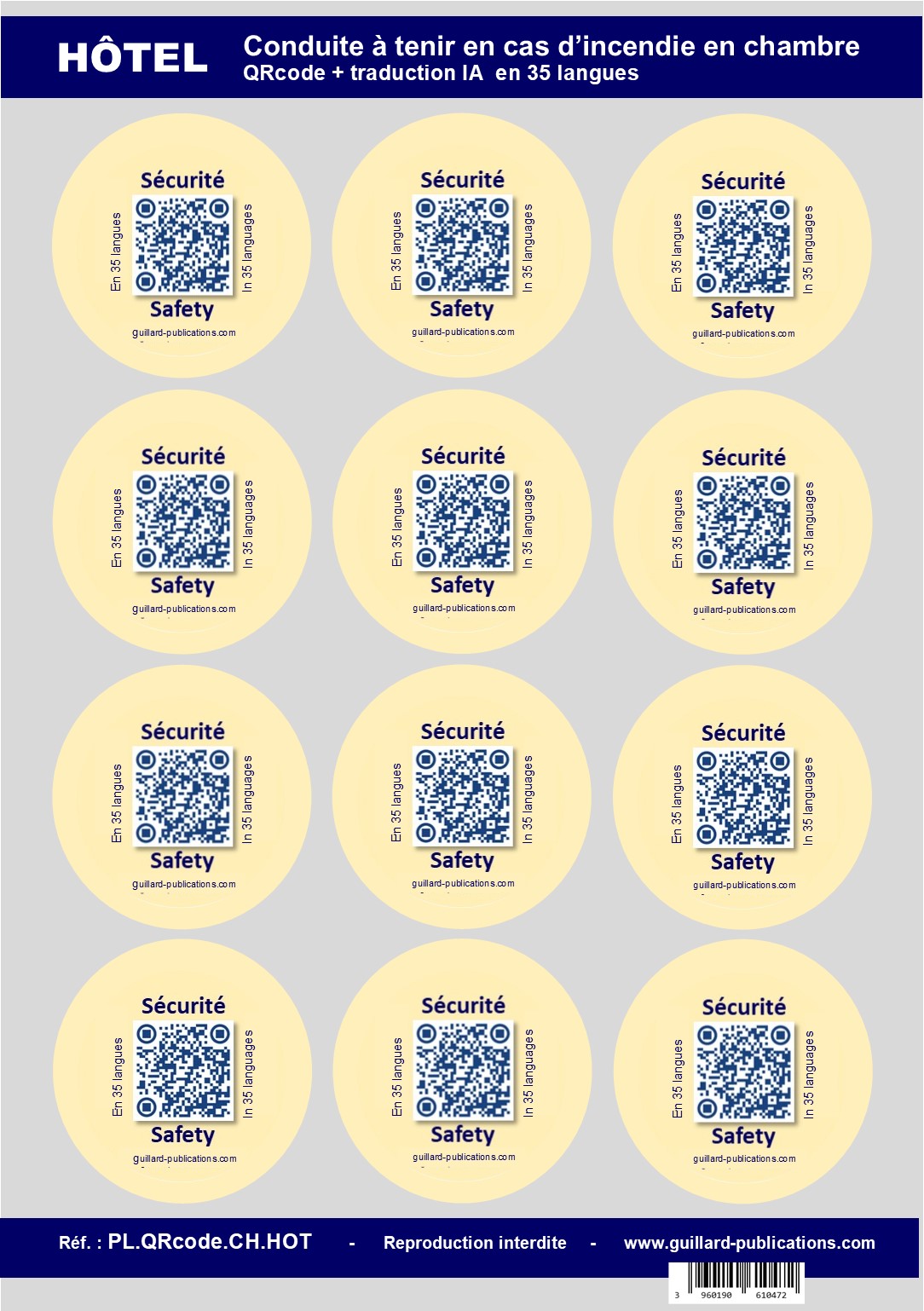 .....HOTEL - CHAMBRE - Planche de 12 vignettes QRcode consignes de chambre 35 langues