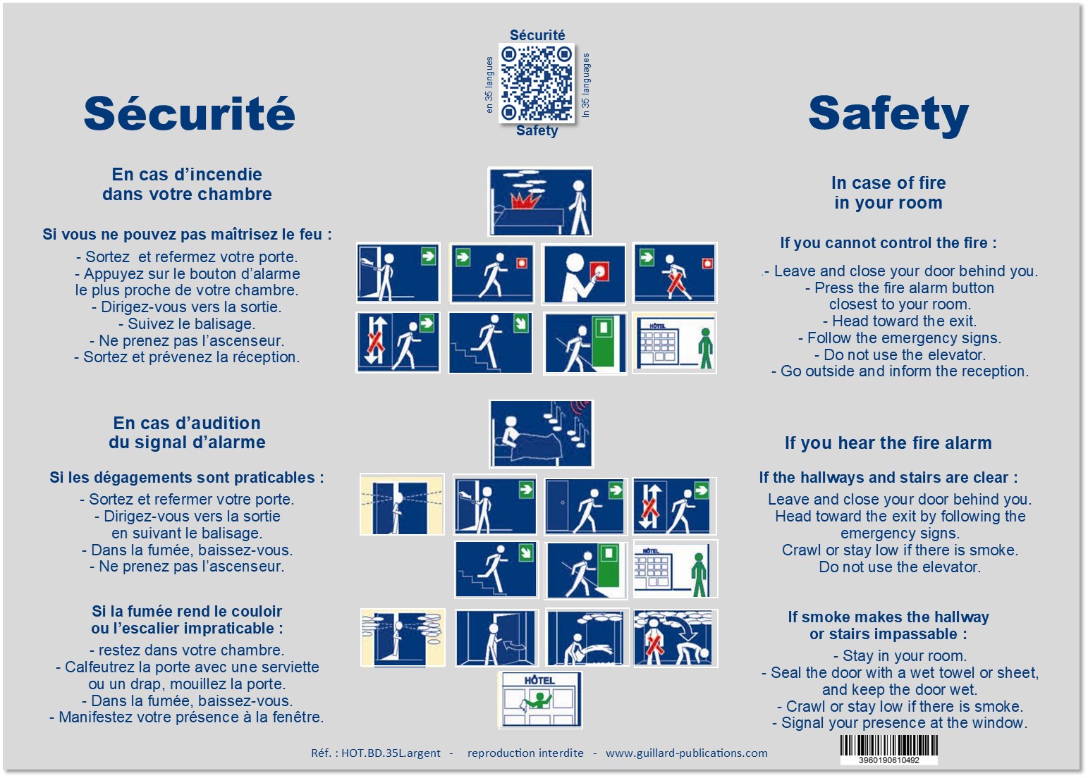 	.....HOTEL - CHAMBRE - Panneau de CONSIGNES DE SECURITE en 2 Langues FR/EN  pour chambre avec QR Code 35 langues