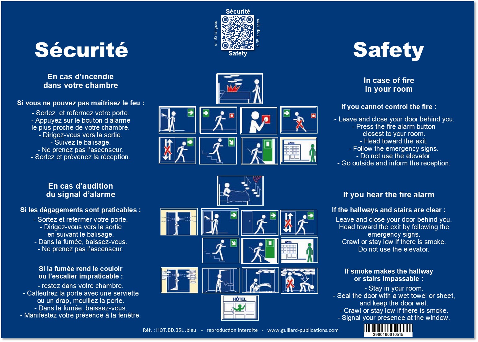 	.....HOTEL - CHAMBRE - Panneau de CONSIGNES DE SECURITE en 2 Langues FR/EN pour chambre avec QR Code 35 langues (fond bleu)